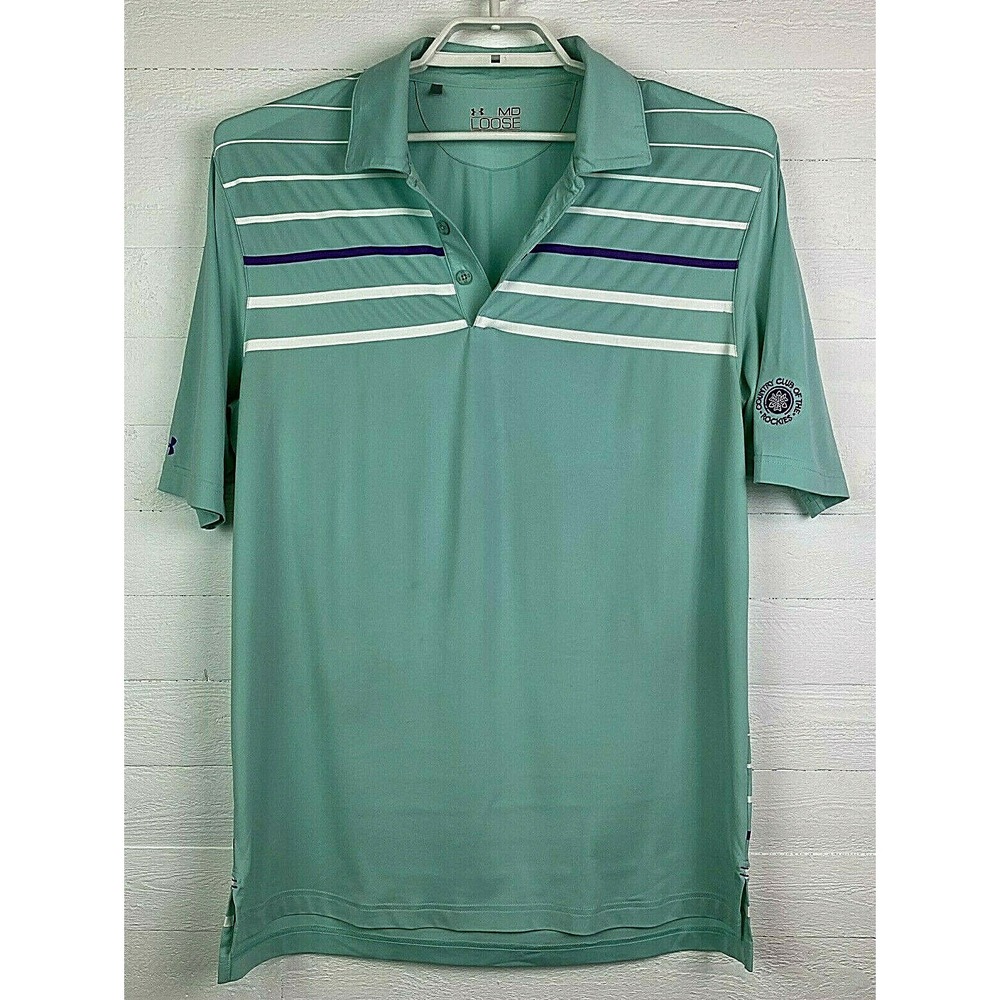 Under Armour Mens Polo Golf Shirt Medium Loose Fit Heat Gear Blue Green Stripe